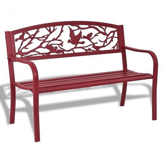 Red metal garden bench with bird and branch design