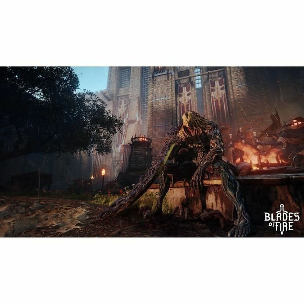 Thumbnail: Blades of Time game: armored character in ruined city with fire