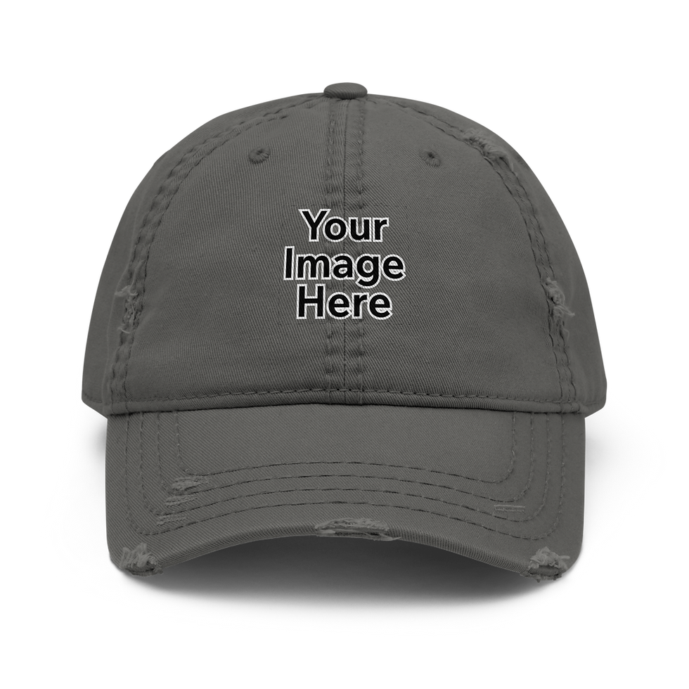 Distressed grey baseball cap with 'Your Image Here' placeholder