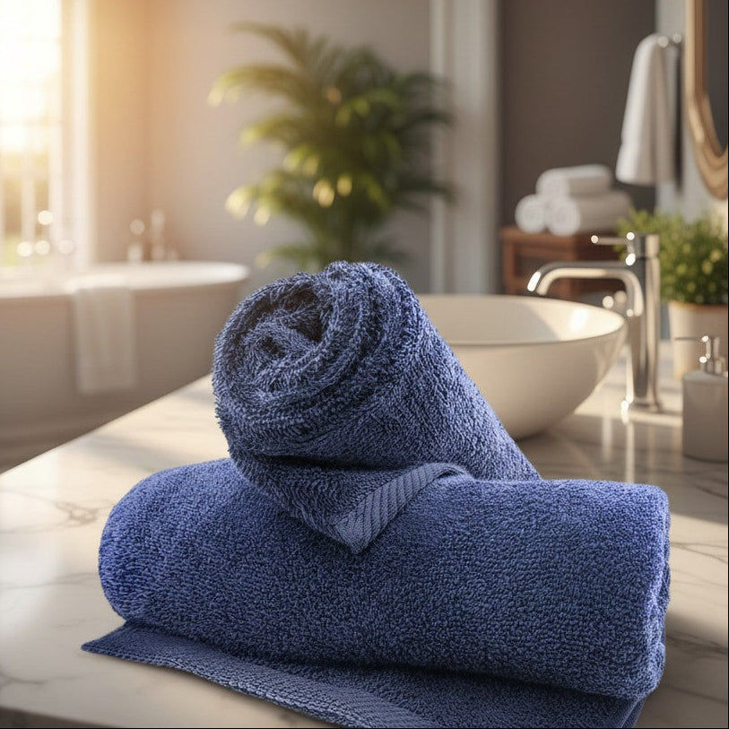 Blue towels on a bathroom counter