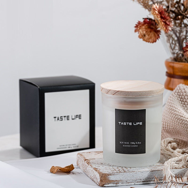 TASTE LIFE candle in glass jar, wooden lid, and black box