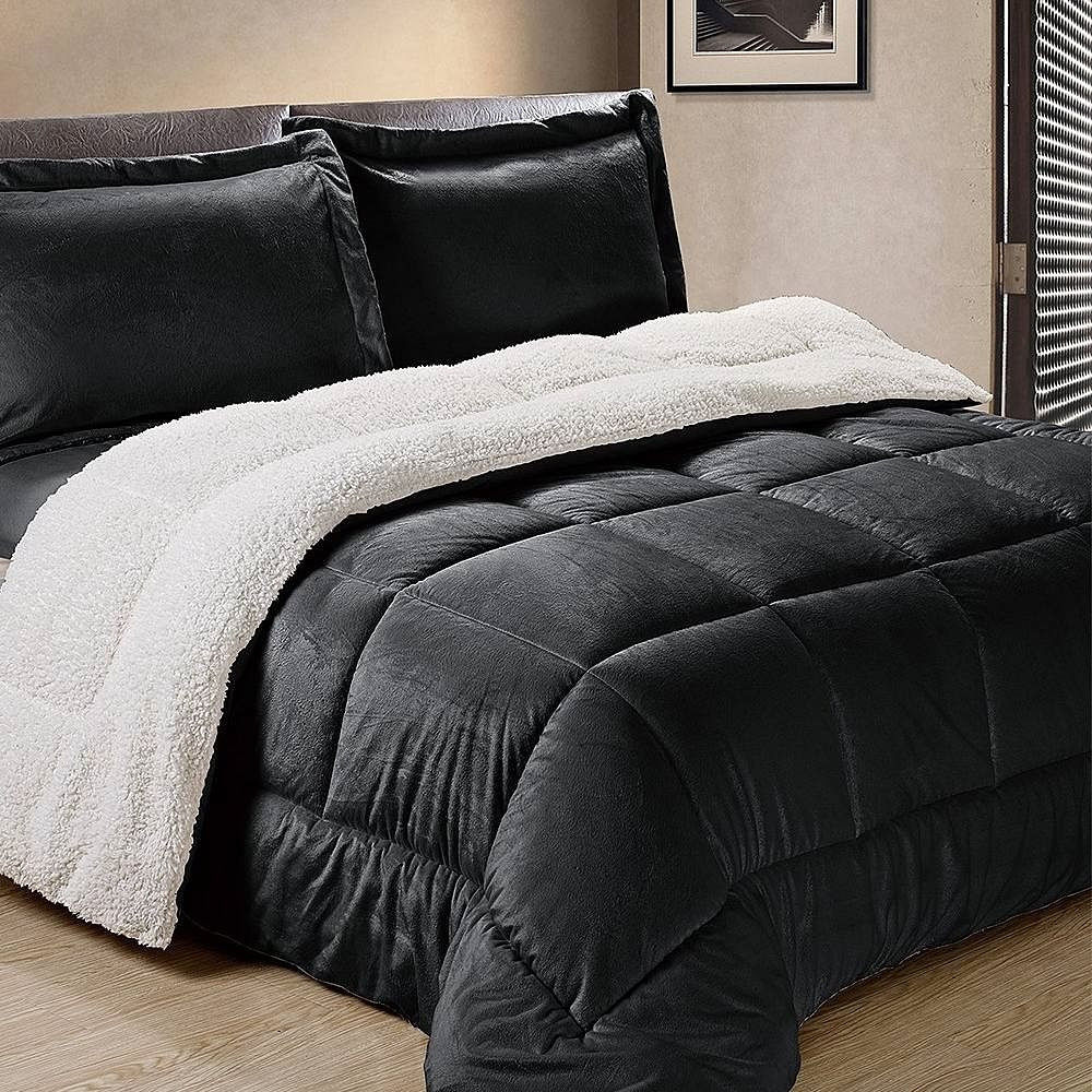 Black reversible comforter set with white sherpa lining