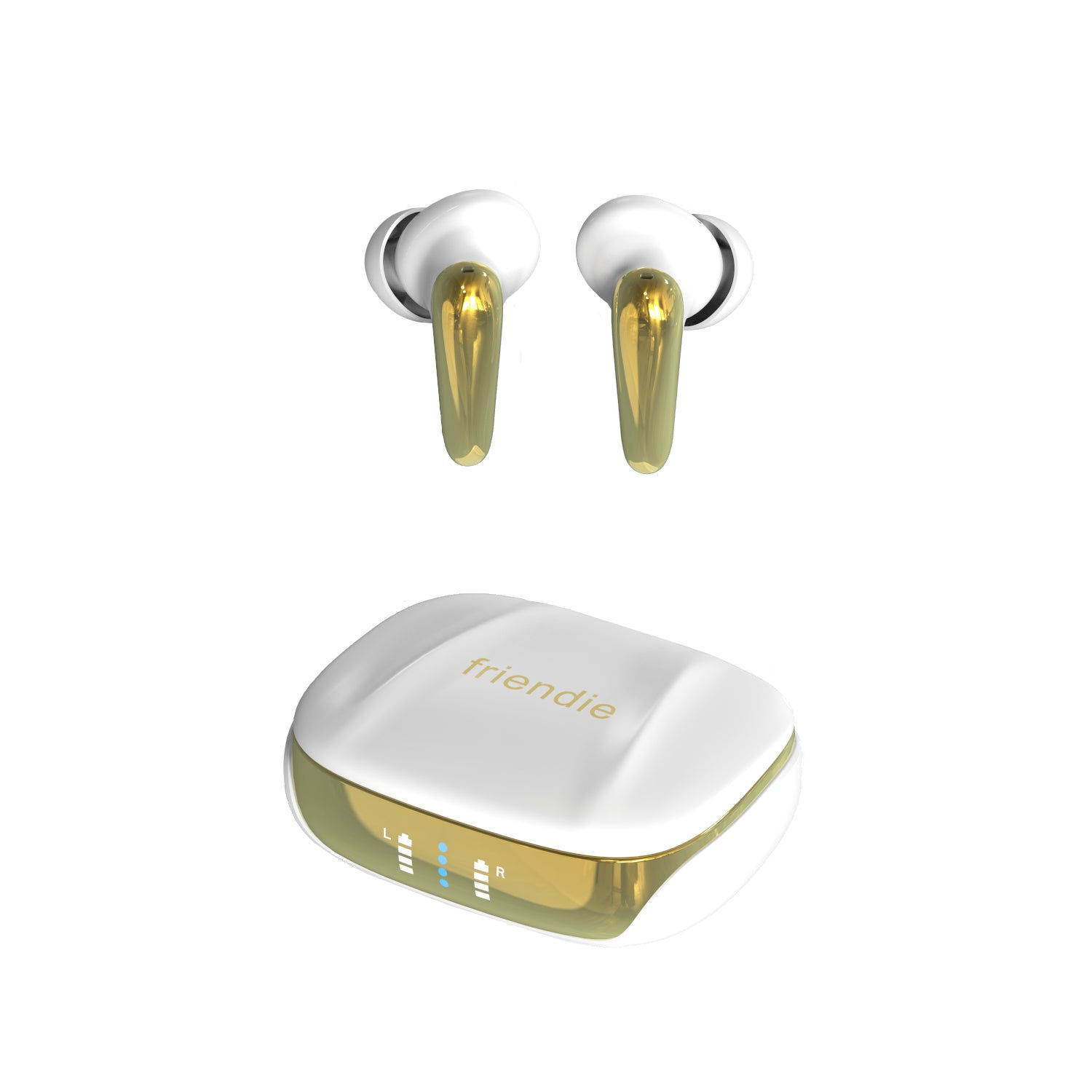 White and gold wireless earbuds with charging case