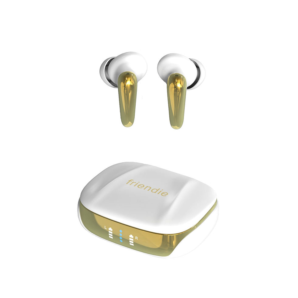 White and gold wireless earbuds with charging case