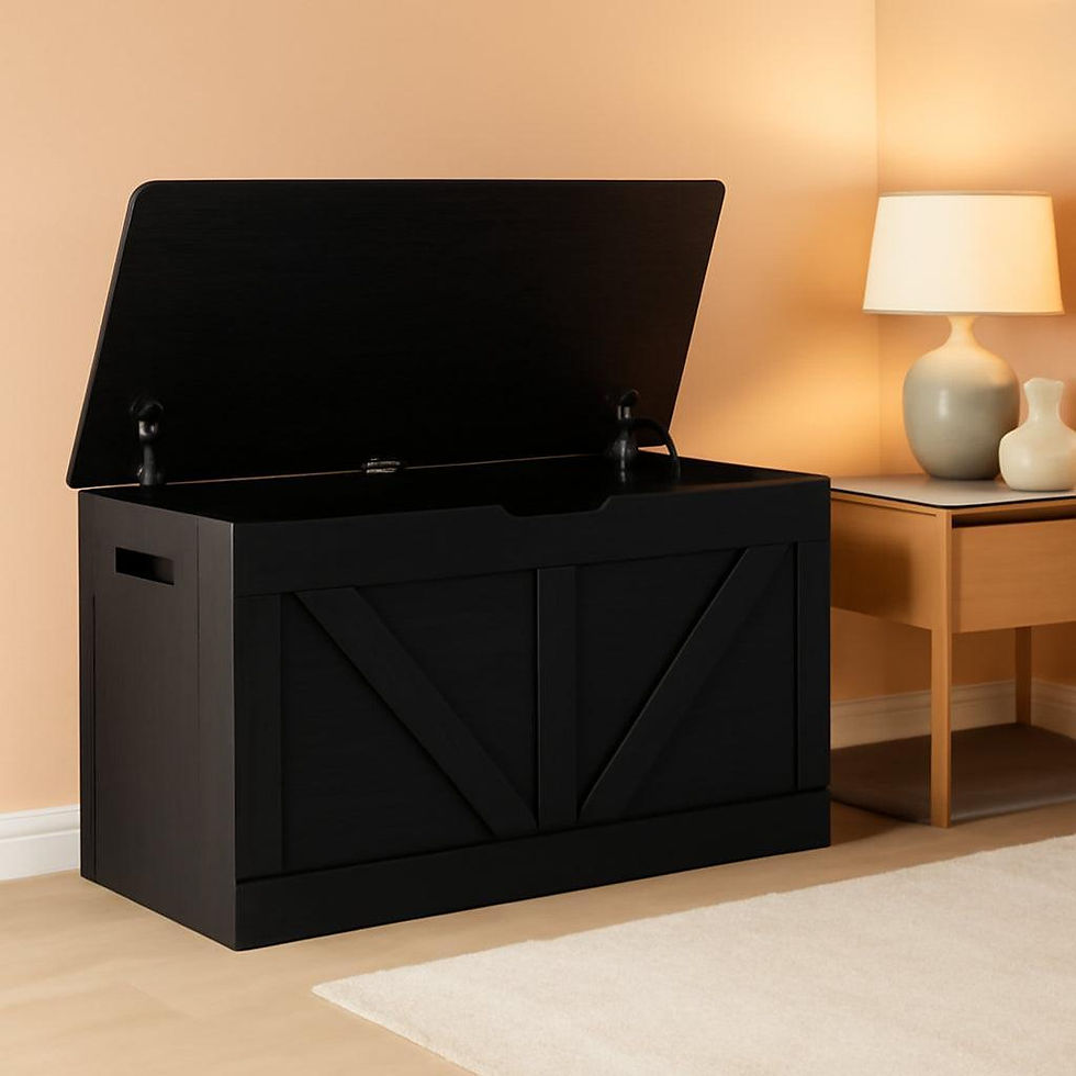 Black storage chest with lid open