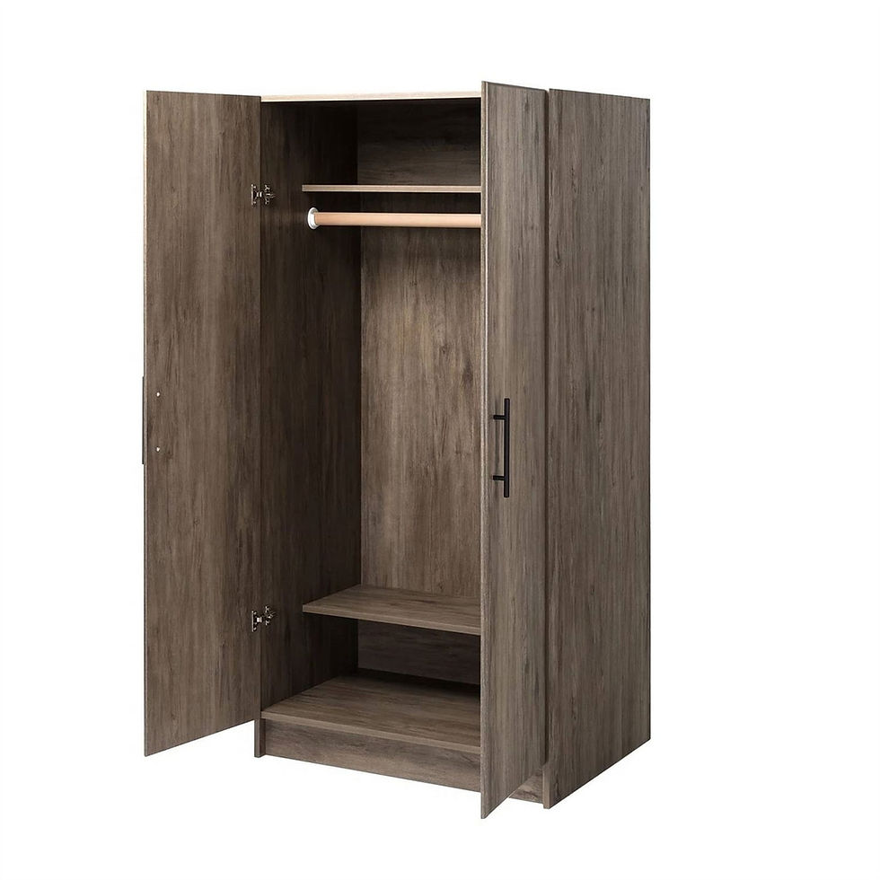 Open dark wood wardrobe with hanging rod and shelf
