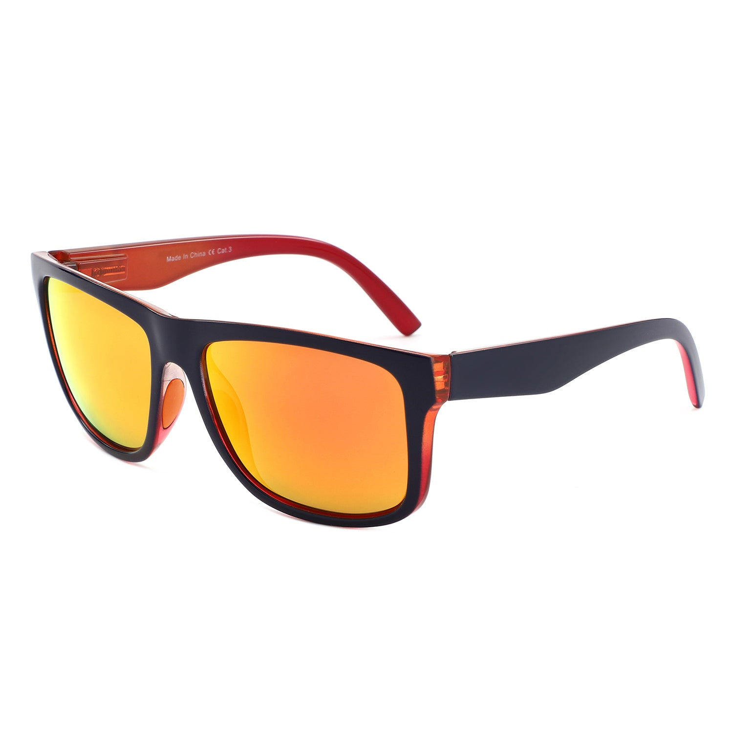 Square sunglasses with dark frames, orange mirrored lenses, and red arms