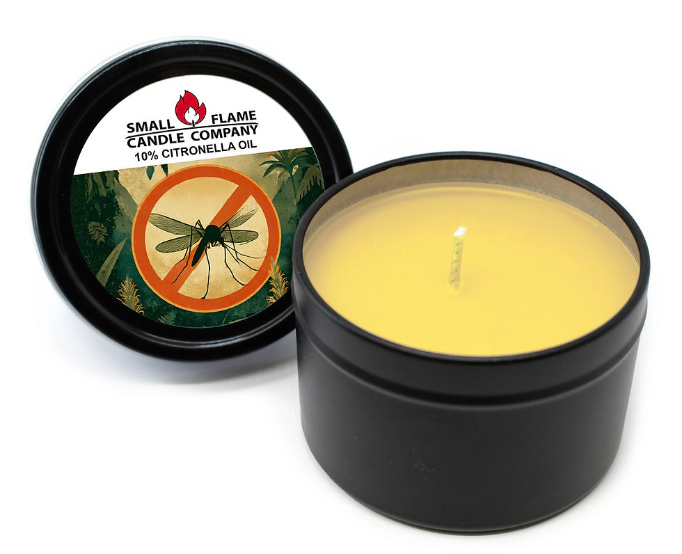 Citronella candle in black tin with no mosquito icon on lid.