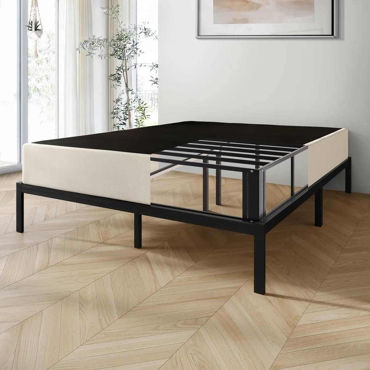 Platform bed frame with exposed metal support