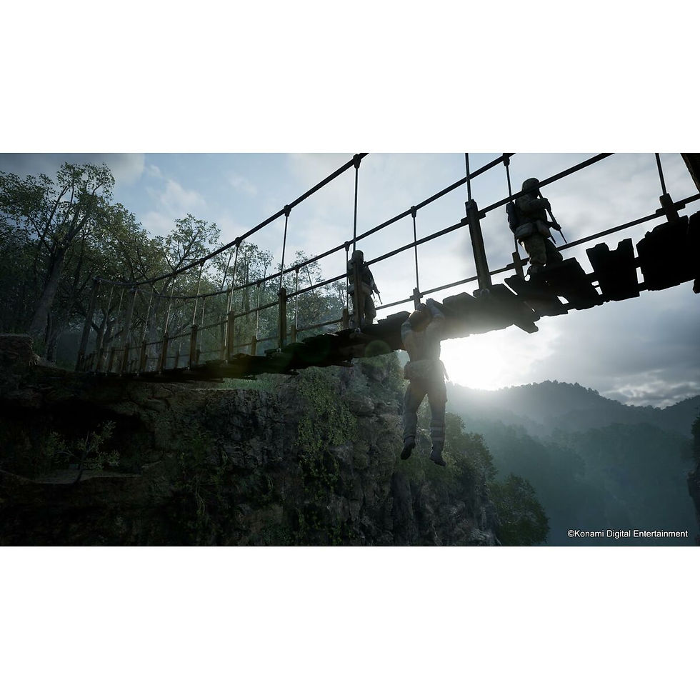 Thumbnail: Game scene: character hanging from rope bridge over canyon