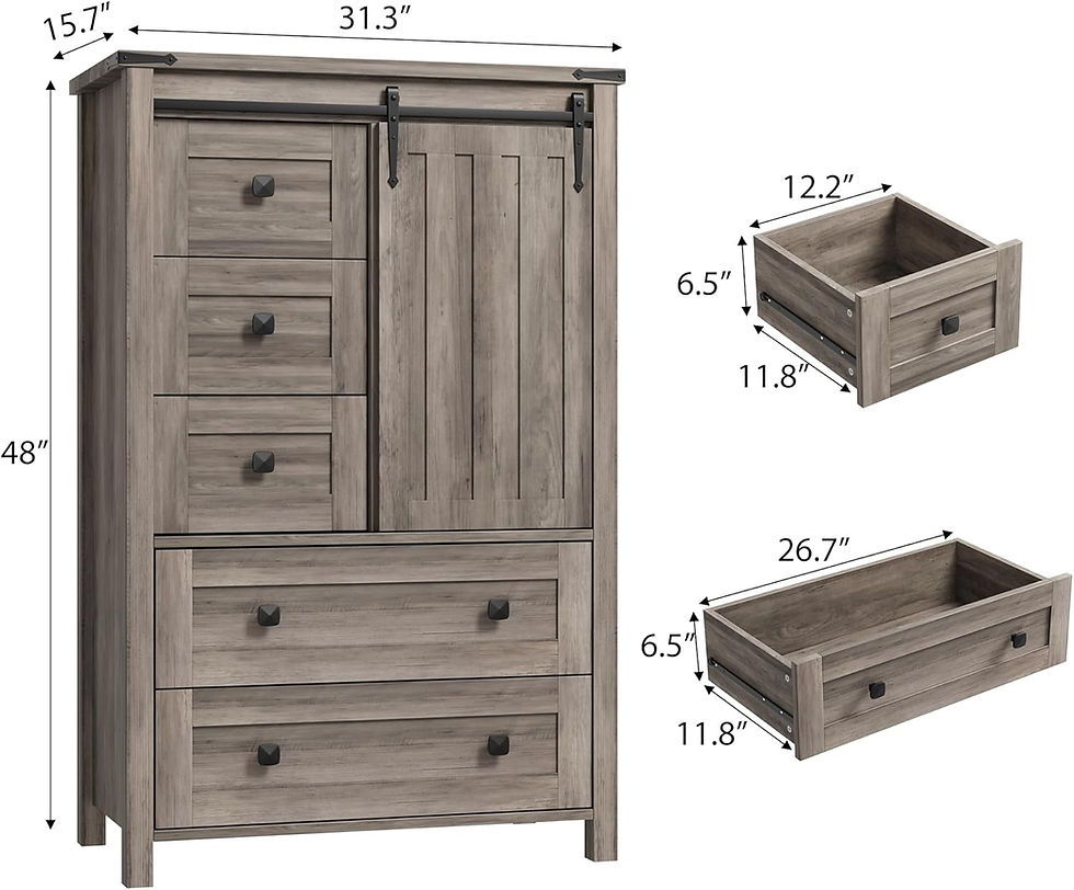 Gray wooden dresser with multiple drawers and sliding barn door