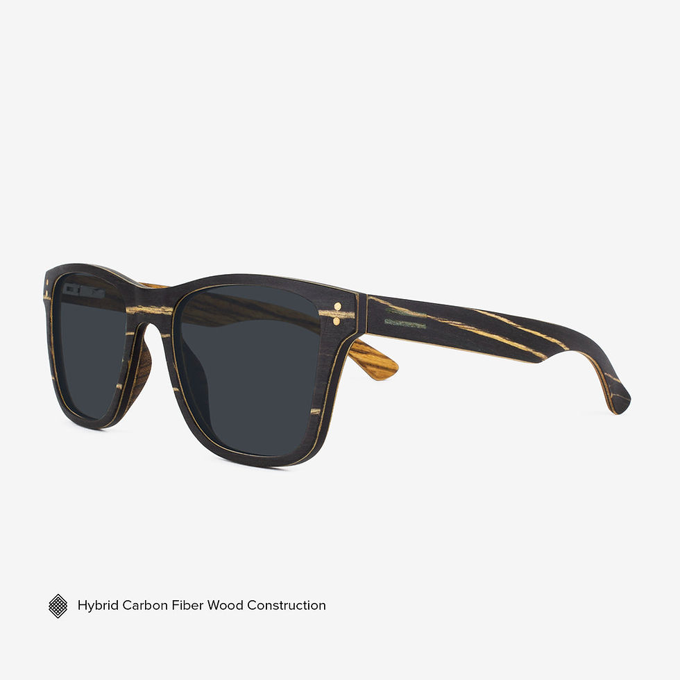 Dark sunglasses with striped frame, Hybrid Carbon Fiber Wood Construction