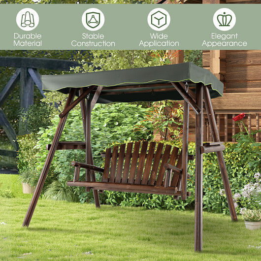 Durable, stable wooden swing bench with green canopy