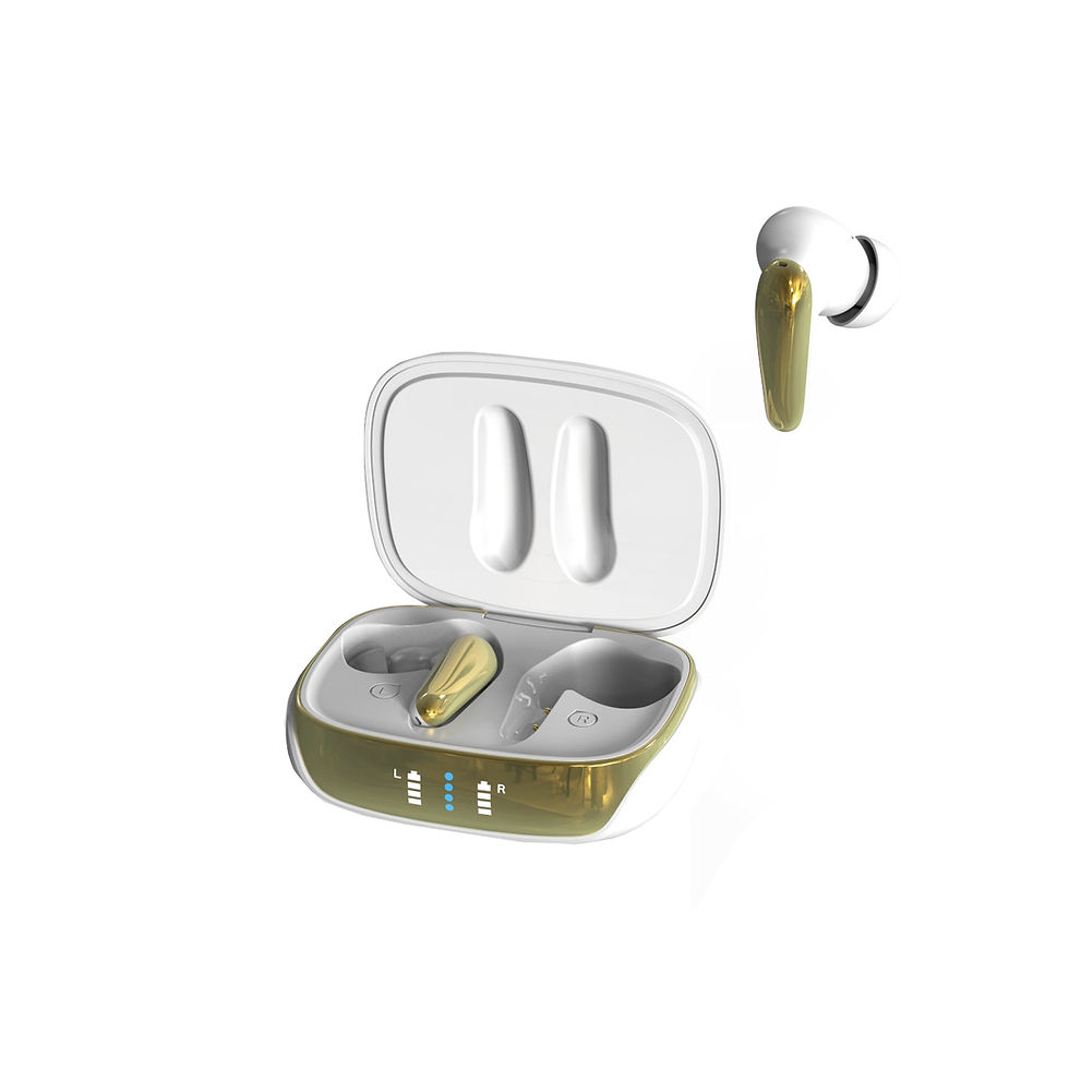 Gold earbud with open charging case