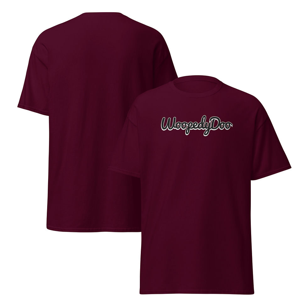 Two burgundy t-shirts, one with 'Wapady Doo' text