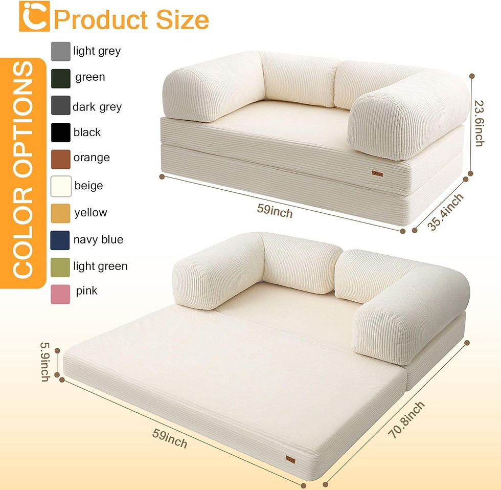 Beige convertible floor sofa, upright seat and flat mattress
