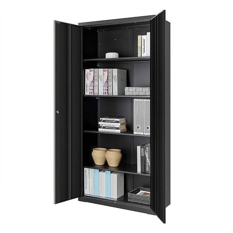 Black storage cabinet with open doors and shelves