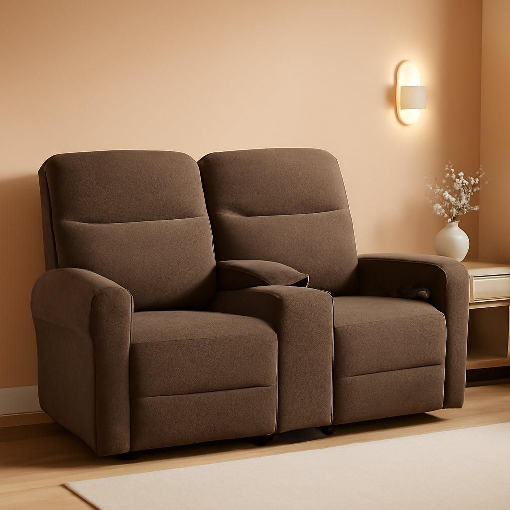Brown two-seat recliner sofa with console