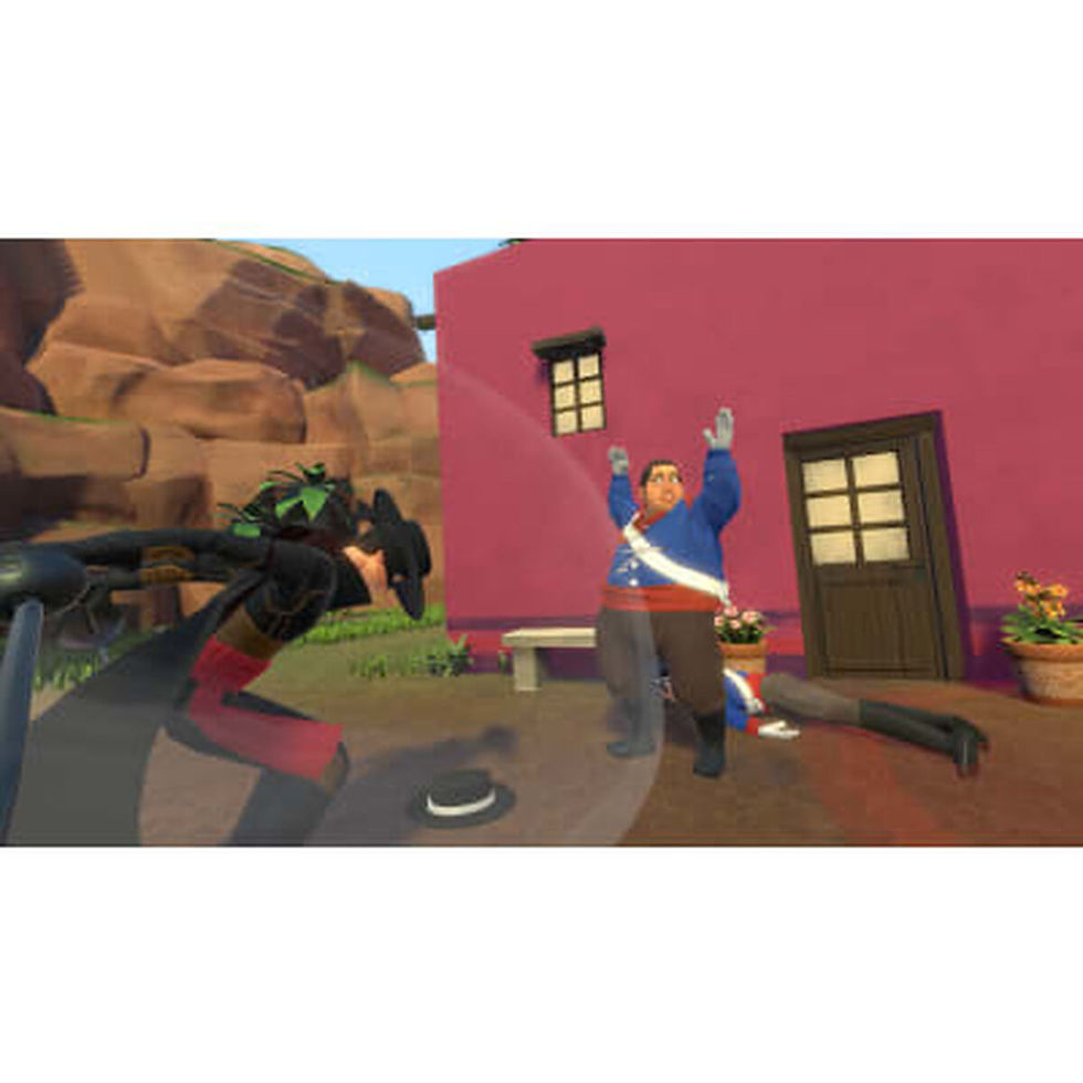 Figure sprays water at man in blue uniform outside