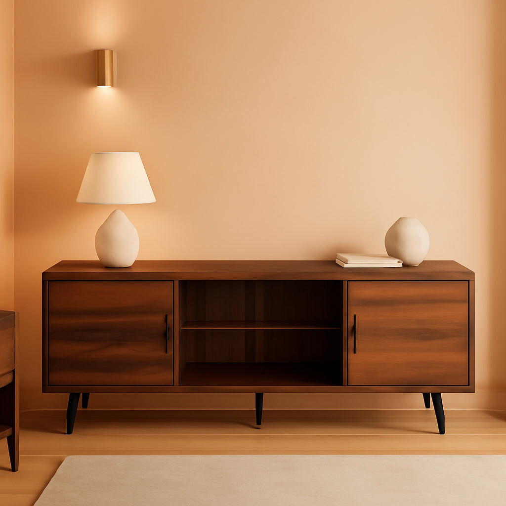 Dark wood console with open shelves, lamp, and decor