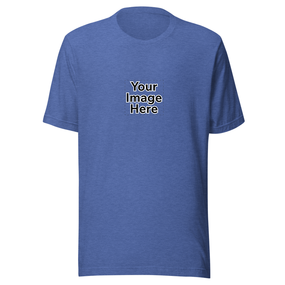 Blue t-shirt mockup with text 'Your Image Here'