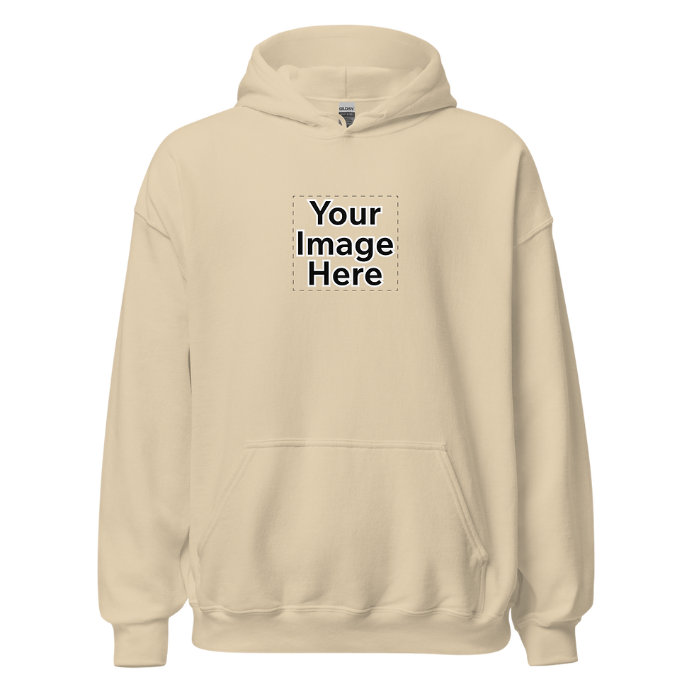 Blank beige hoodie mockup with 'Your Image Here'
