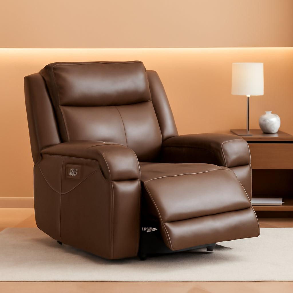 Brown leather recliner, partially reclined