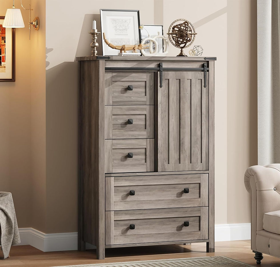 Weathered gray wood dresser with barn door panel