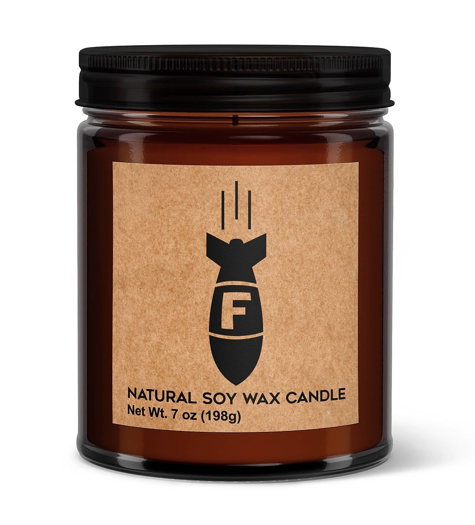 Amber soy wax candle with bomb graphic and 'F' letter.
