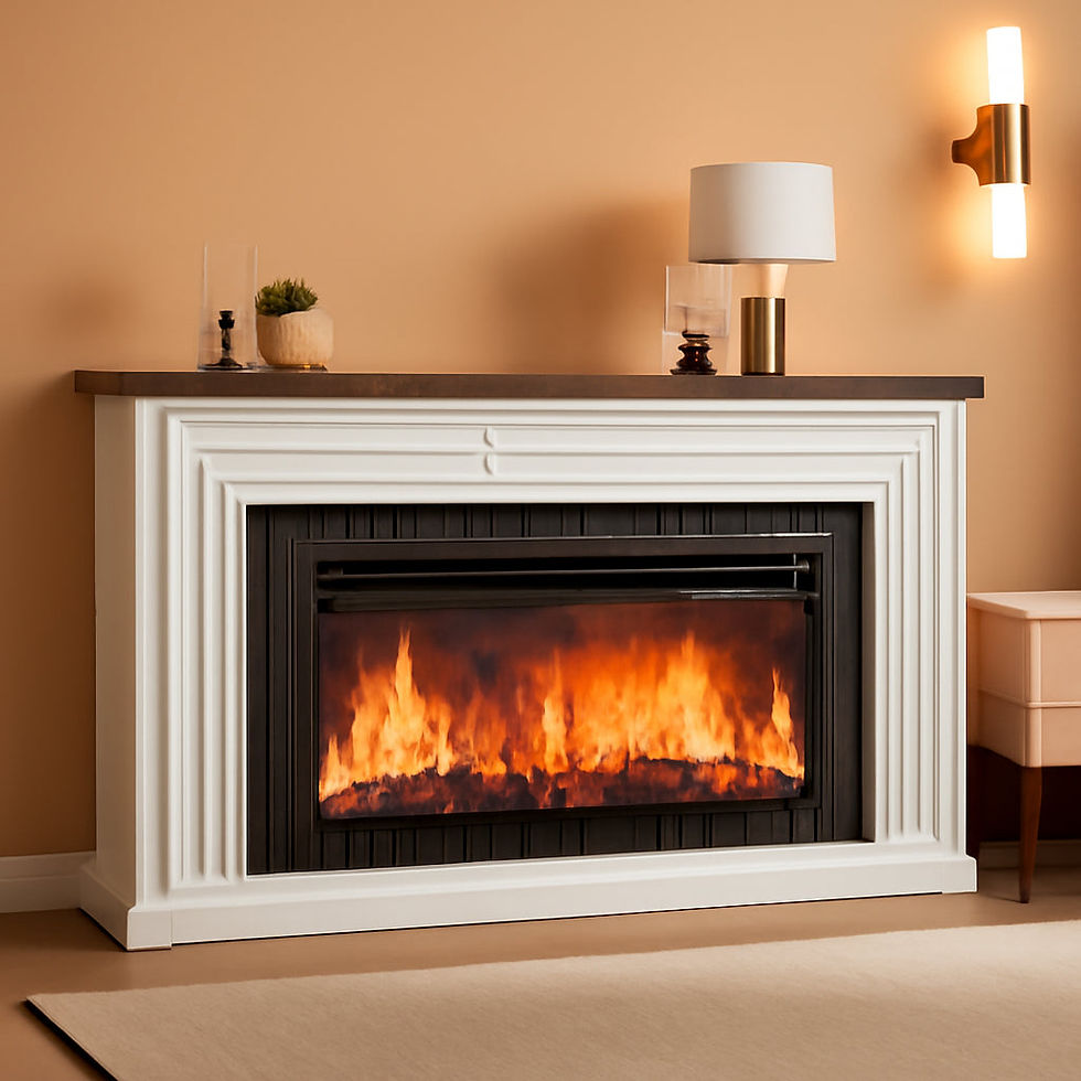 White electric fireplace with dark top and flickering flames