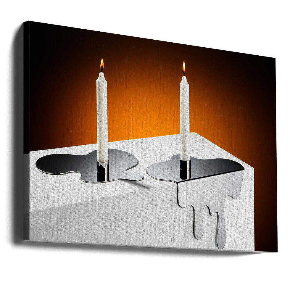 Two burning candles in melting metal holders