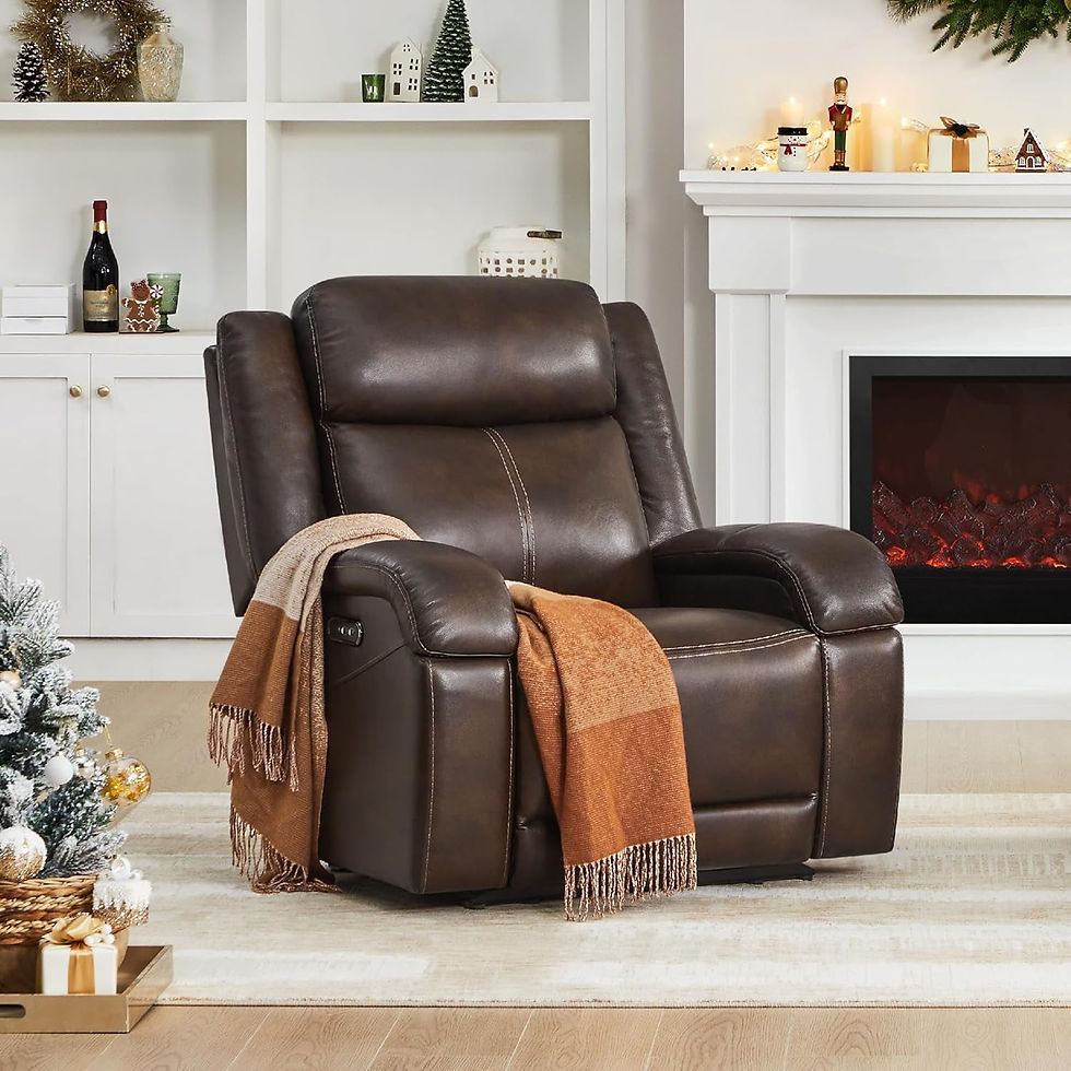 Brown leather recliner with blanket in living room