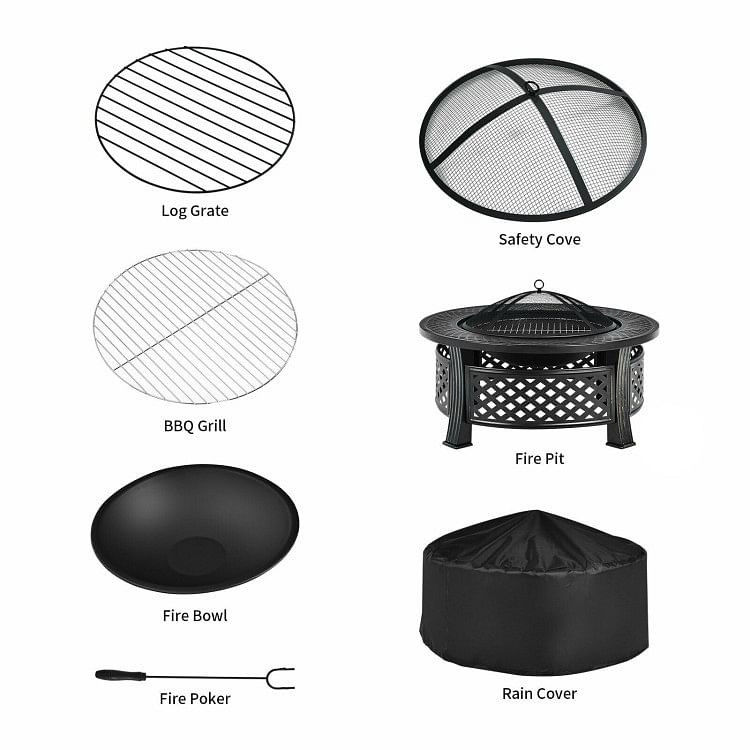 Fire pit components: log grate, safety cover, BBQ grill, fire bowl