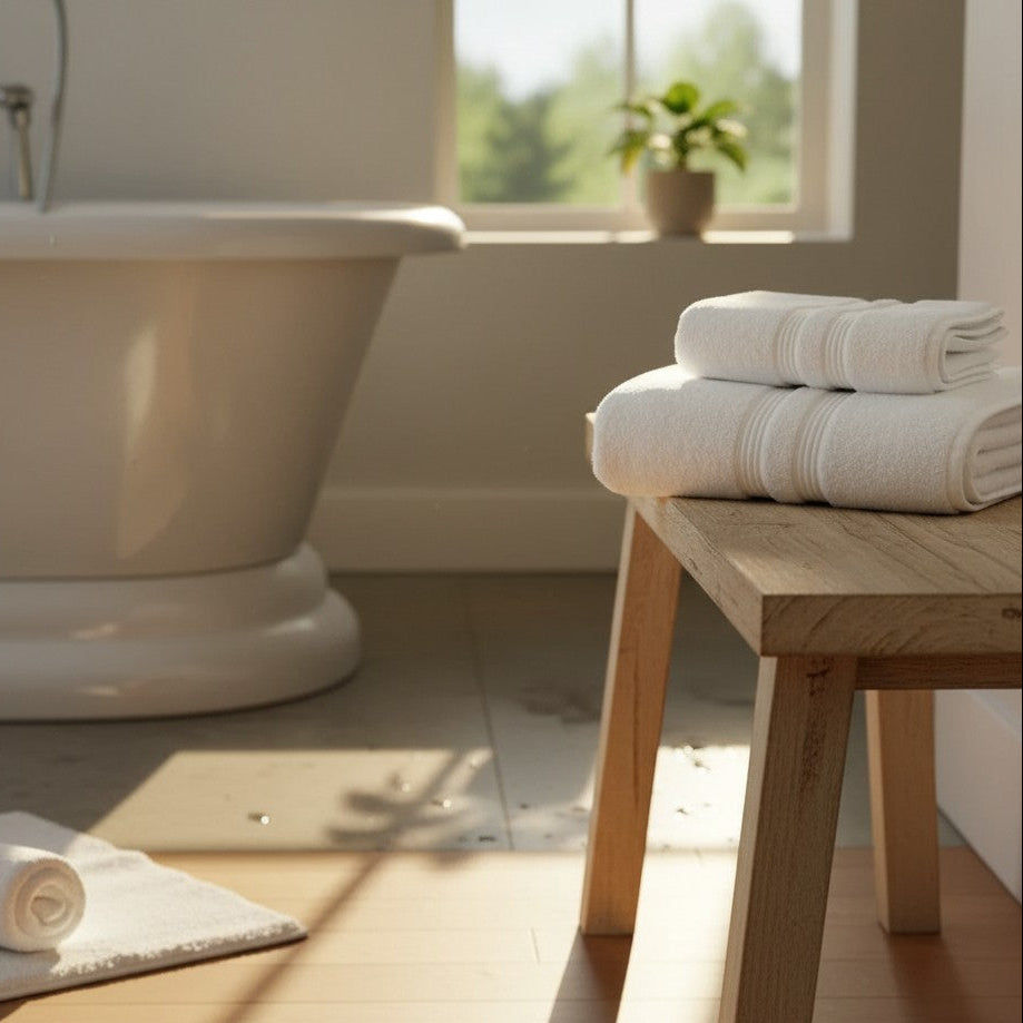 Thumbnail: White towels on a wooden stool in a bright bathroom