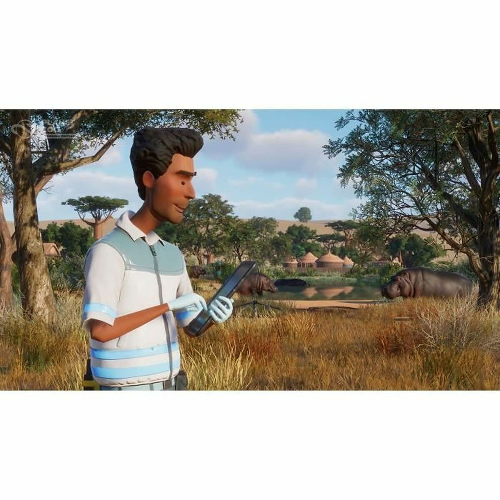 Thumbnail: Animated character with device watching animal in savanna