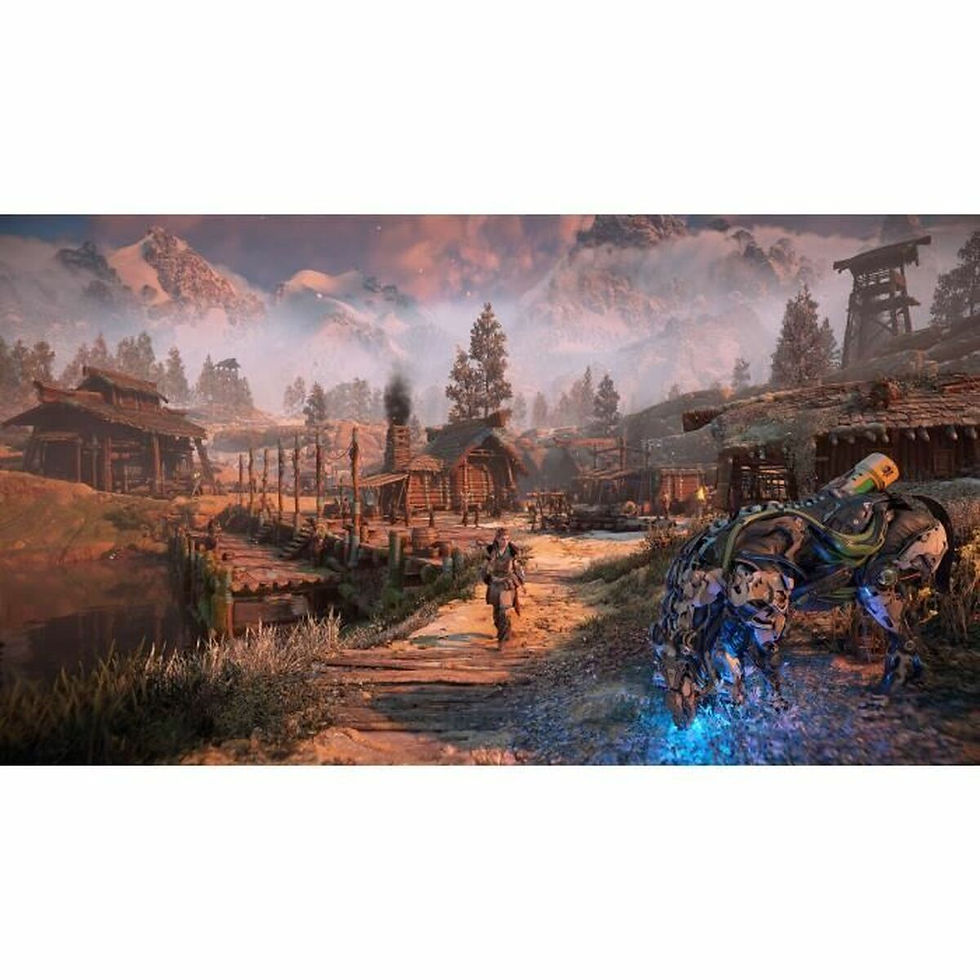 Thumbnail: Fantasy village scene with character, mountains, and mechanical creature