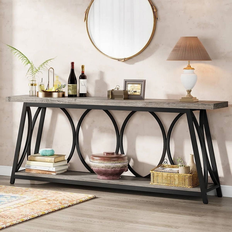 70-inch grey wood top sofa table, black metal frame