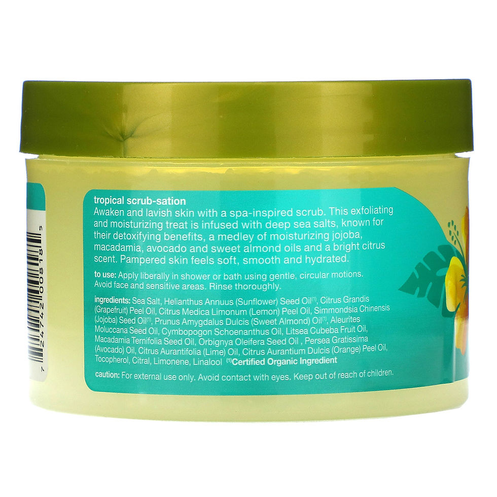 Product label with text: 'Tropical scrub-sation', ingredients, and usage instructions.