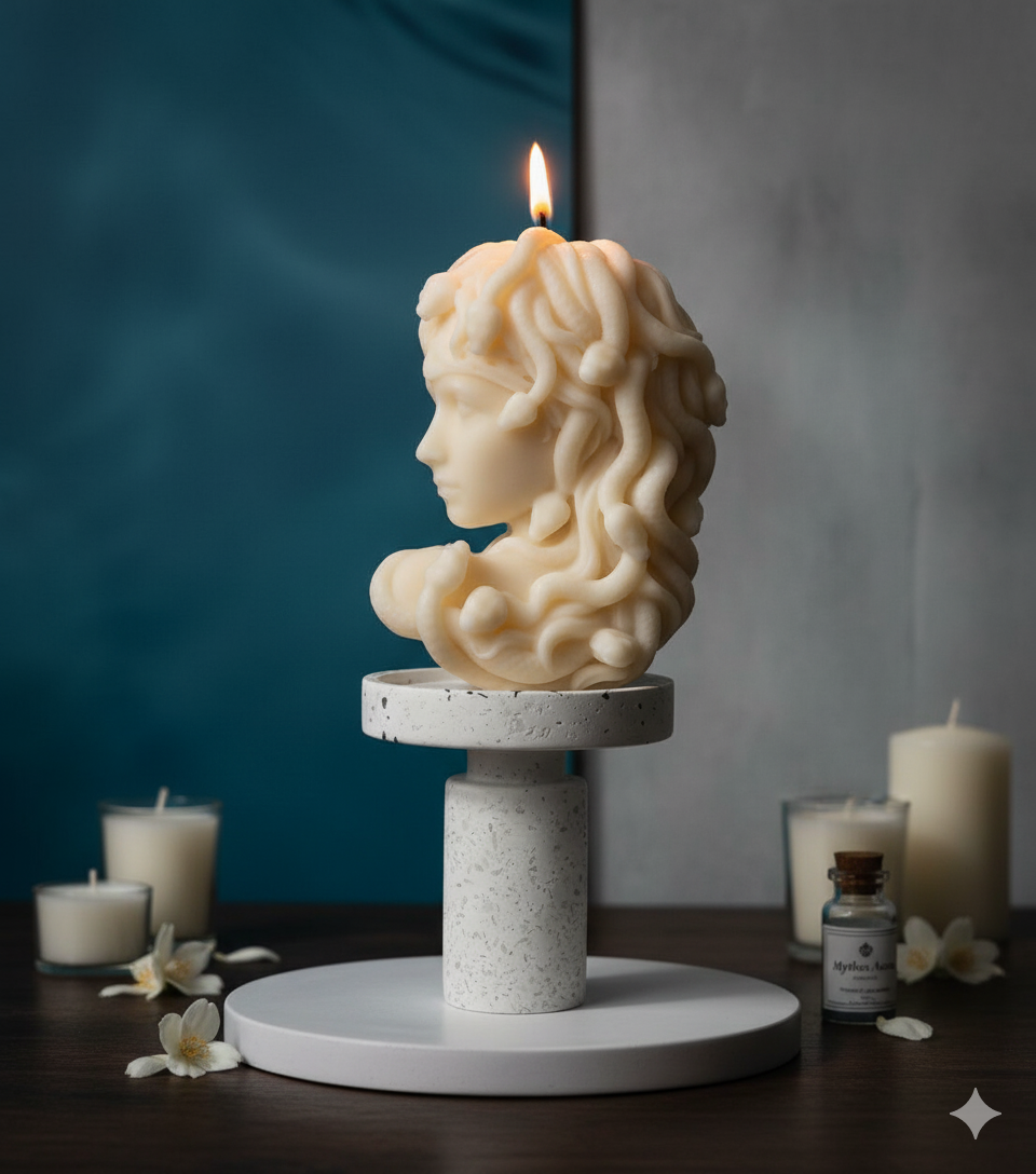 Lit classical bust candle with curly hair