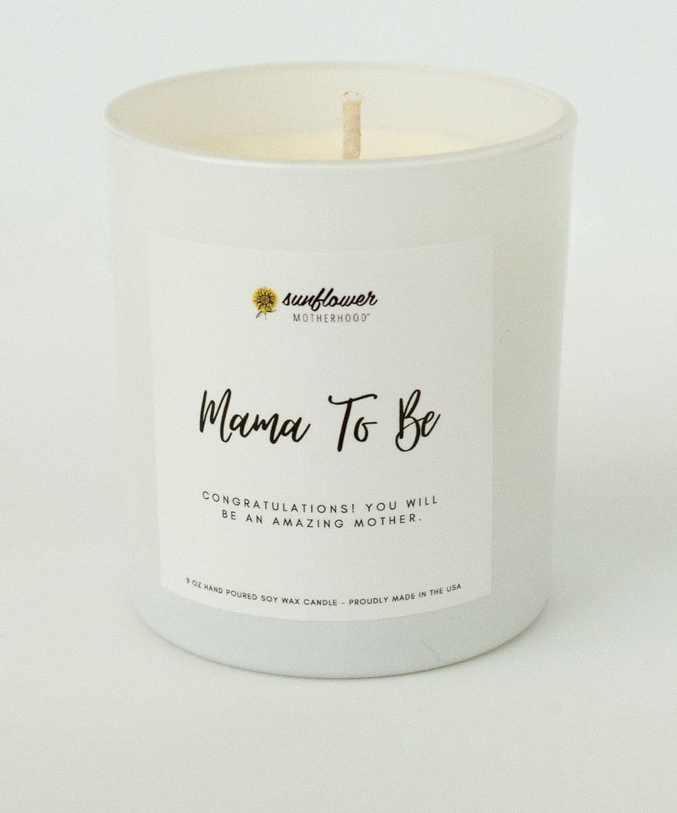 White candle with "Mama To Be" and "Congratulations!" text