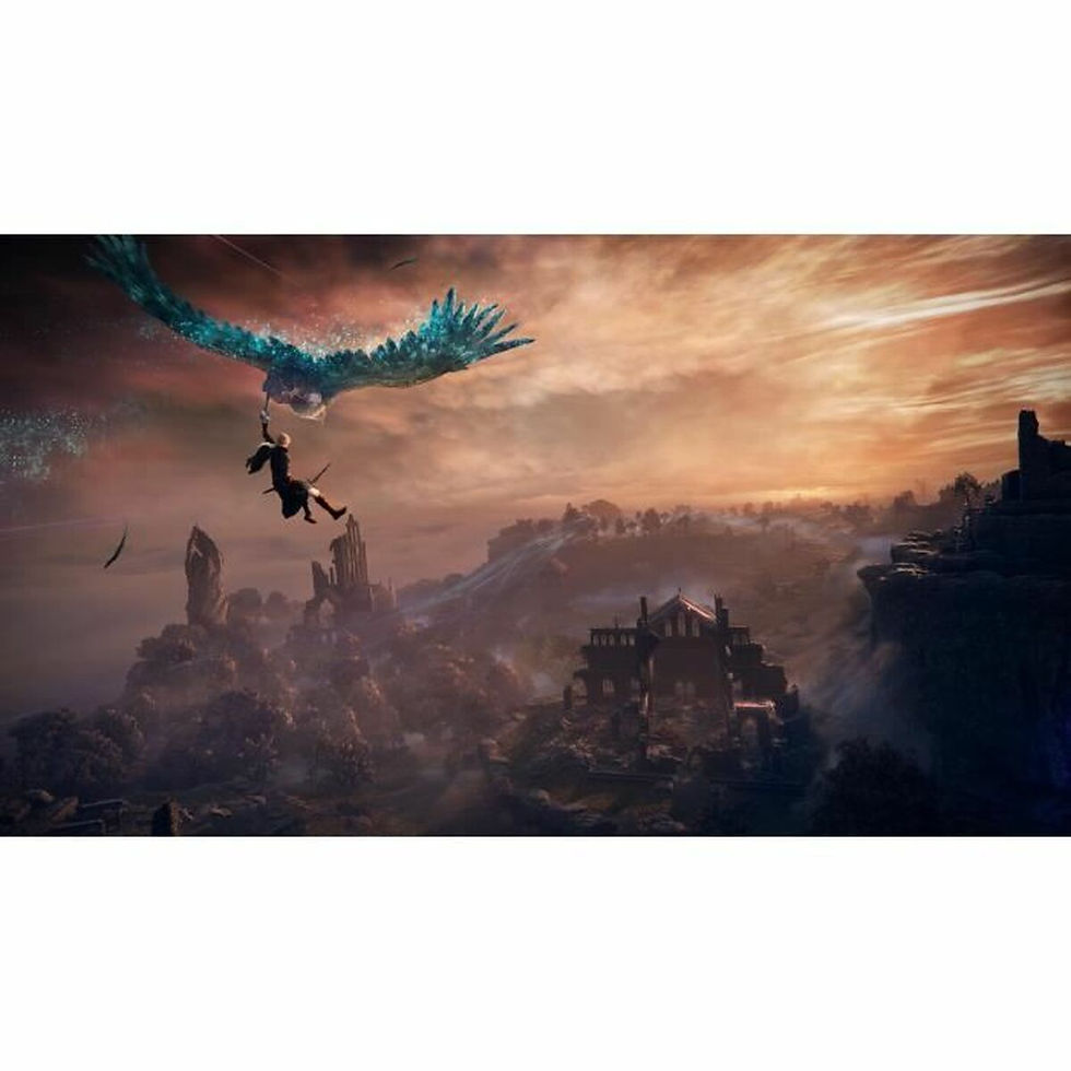 Thumbnail: Giant blue bird carrying a person over a mystical landscape at sunset