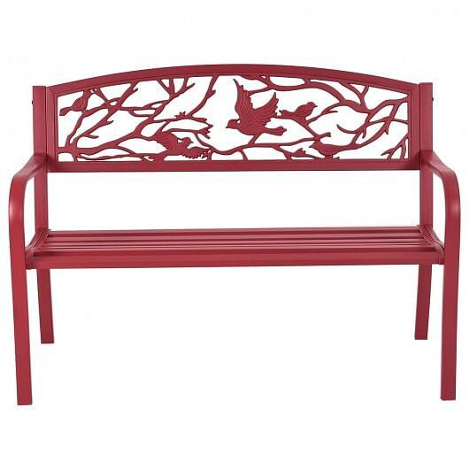 Red metal bench with bird and branch design