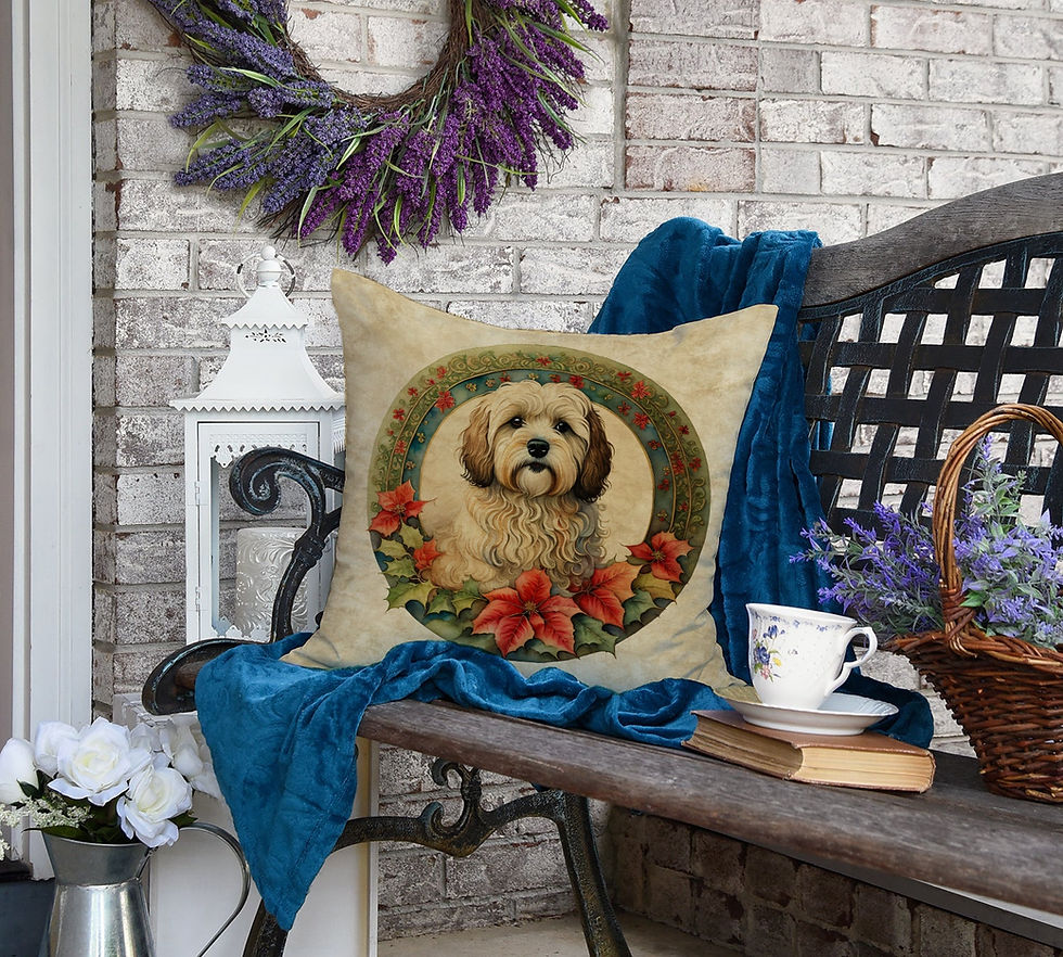 Thumbnail: Pillow with a dog and red flowers on a wooden bench