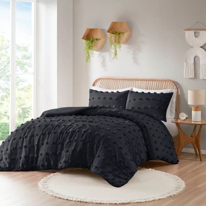 Dark textured comforter set in modern bedroom