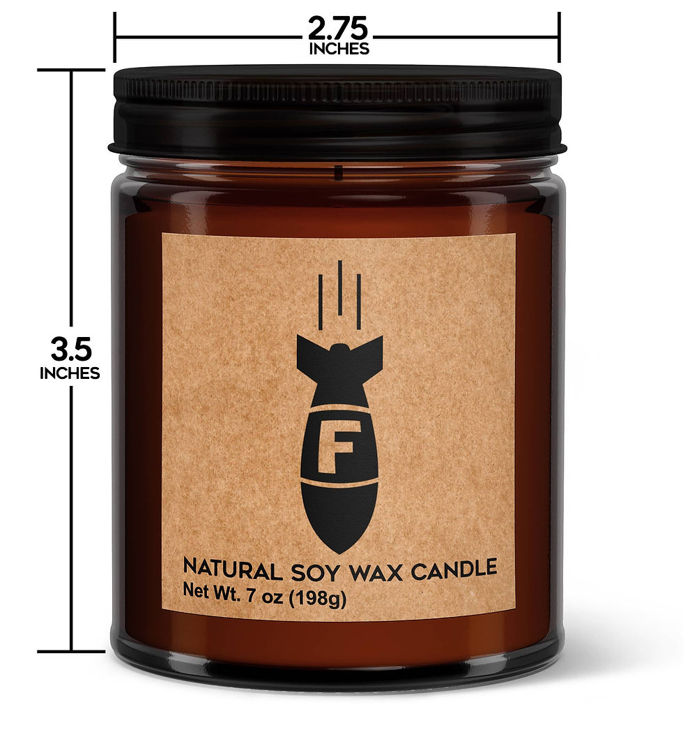 Natural soy wax candle, 3.5 inches tall, 7 oz, with bomb 'F' icon