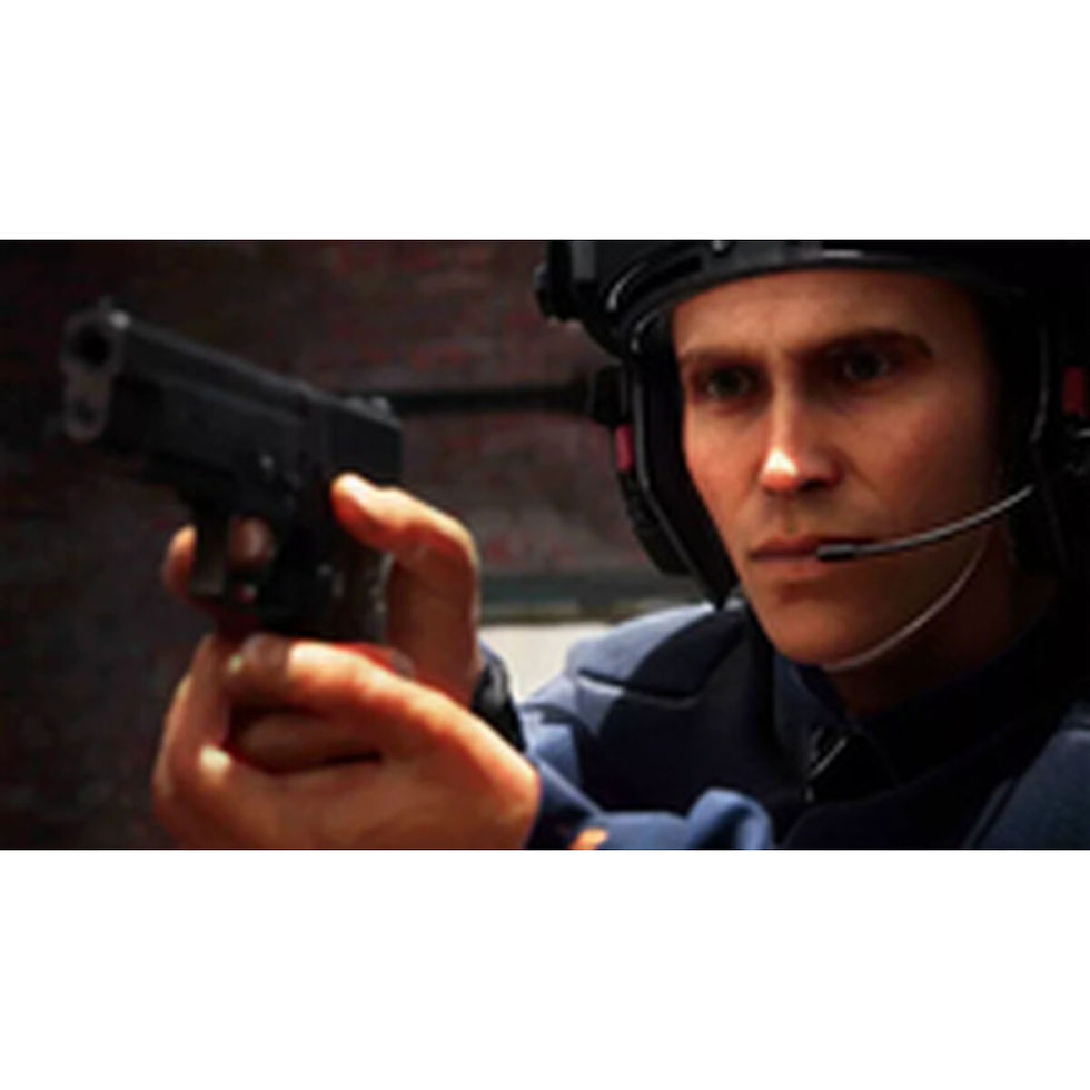 Character in tactical gear aiming a pistol