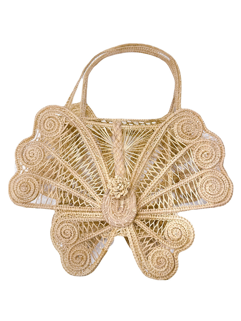 Intricate woven straw bag with fan shape