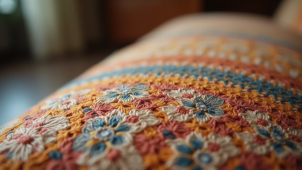 Close-up view of handwoven textile with intricate patterns on a sofa