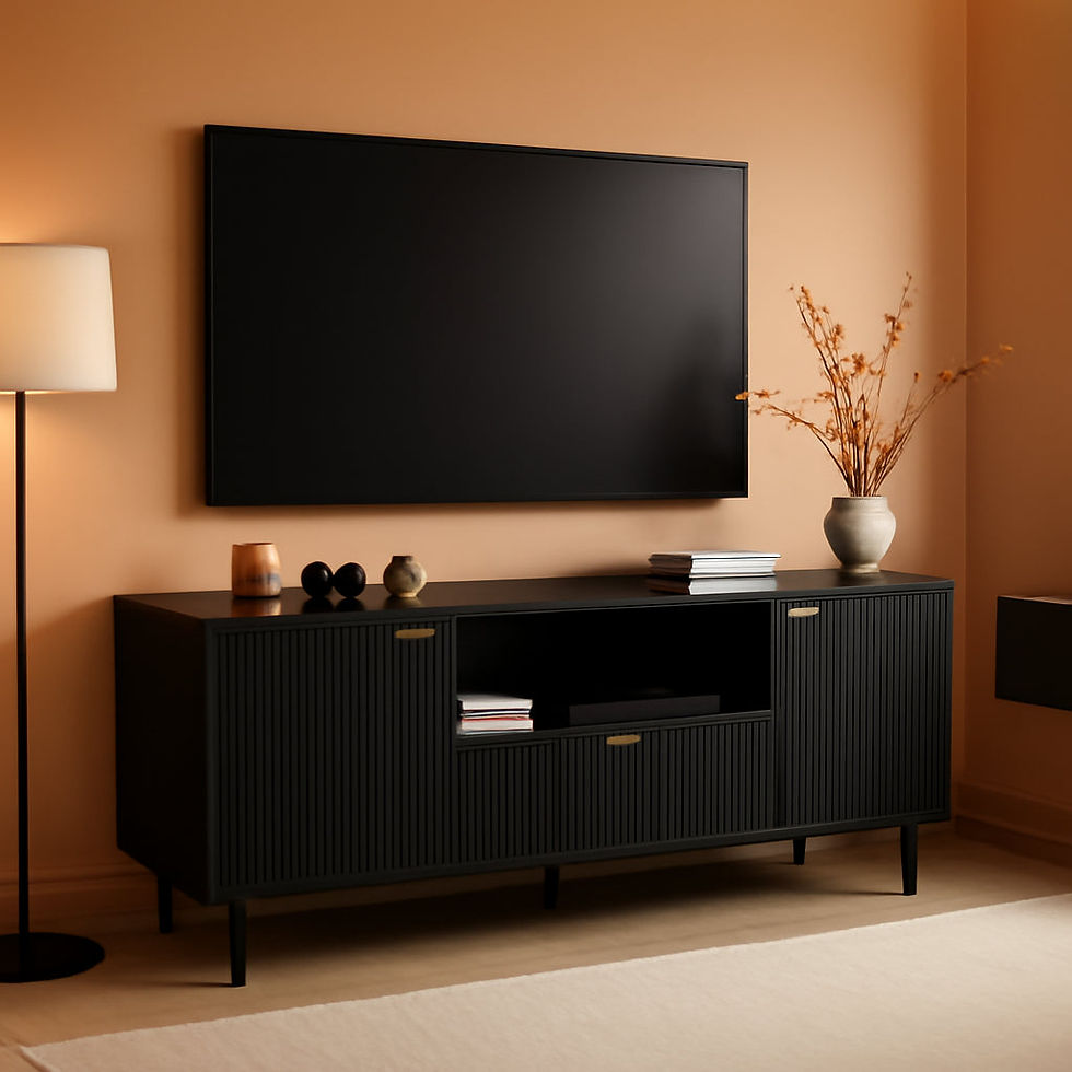 Black TV and media console in modern living room
