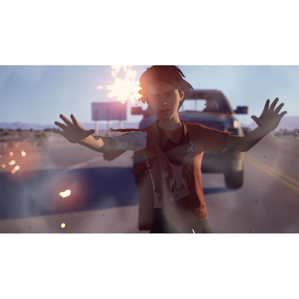 Video game character with raised arms, explosion on road.